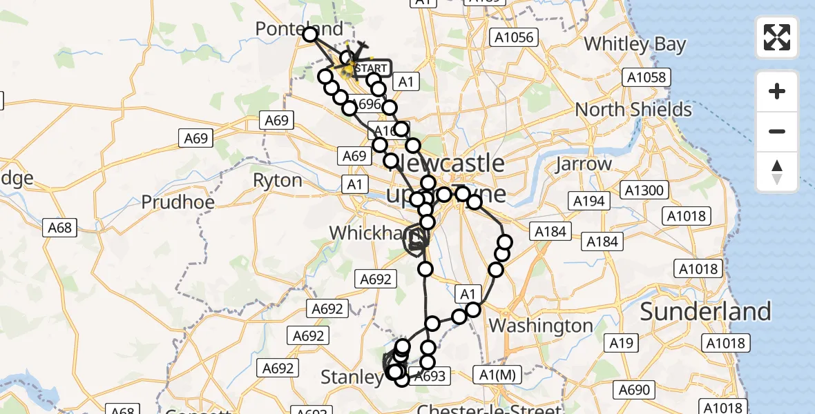 Flight route Police Helicopter Woolsington - Newcastle International Airport, 27 May 2026, 01:21