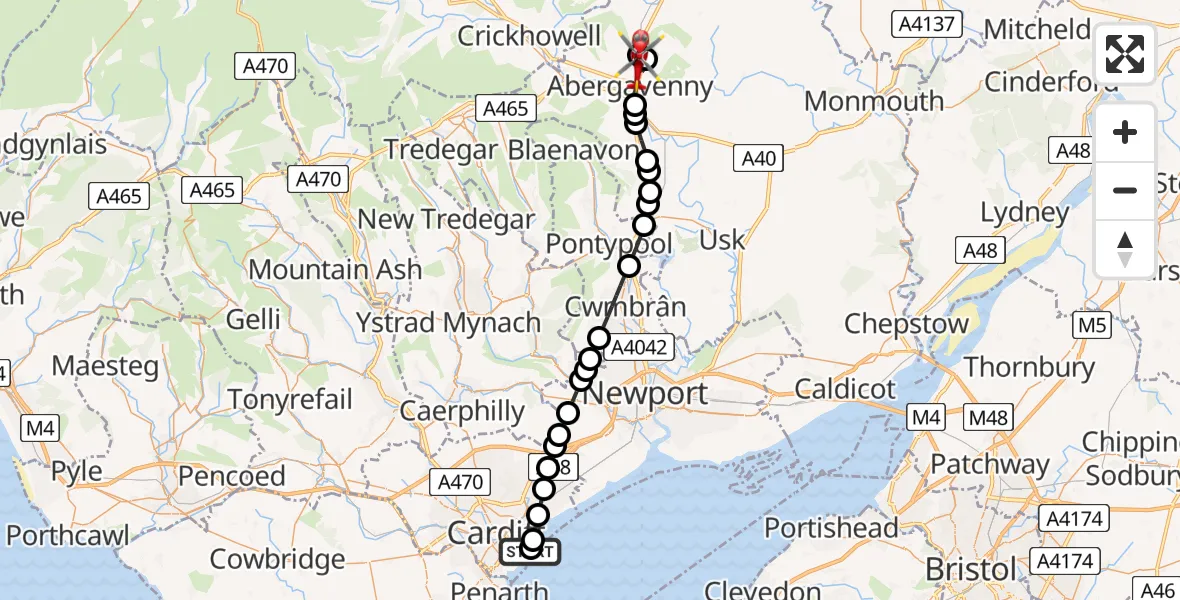 Flight route Air Ambulance Helicopter Cardiff Heliport - Abergavenny, 27 May 2026, 03:03