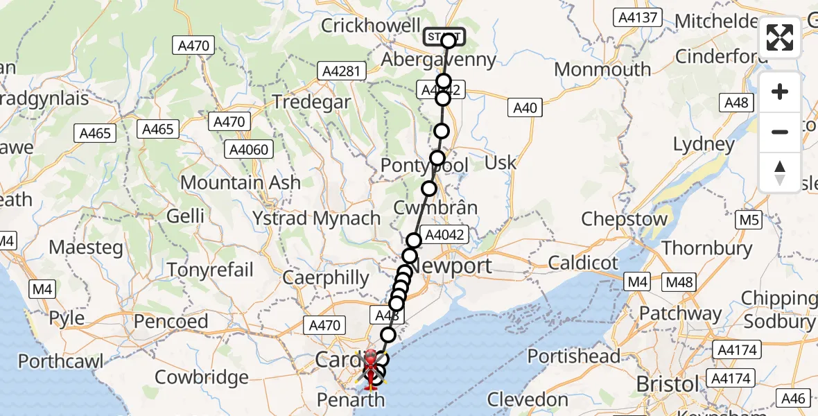 Flight route Air Ambulance Helicopter Mardy - Cardiff Heliport, 27 May 2026, 04:20