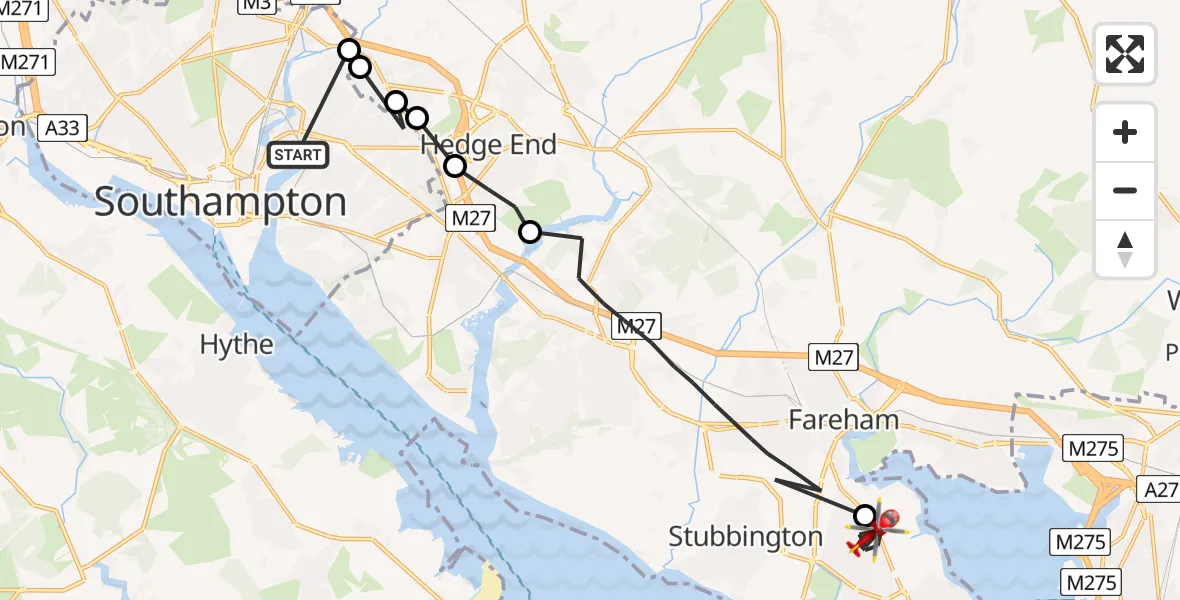 Flight route Air Ambulance Helicopter Bitterne Manor - Gosport, 27 May 2026, 07:25