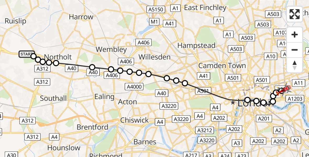 Flight route Air Ambulance Helicopter RAF Northolt - Royal London Hospital, 27 May 2026, 07:28