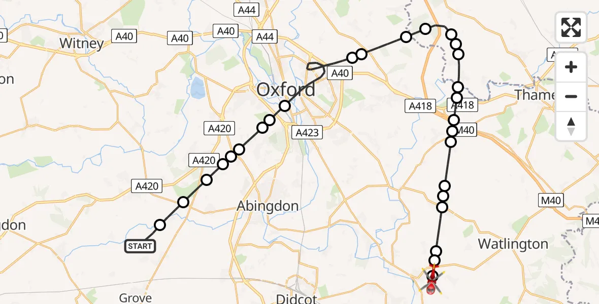 Flight route Air Ambulance Helicopter Lyford - RAF Benson, 27 May 2026, 07:35