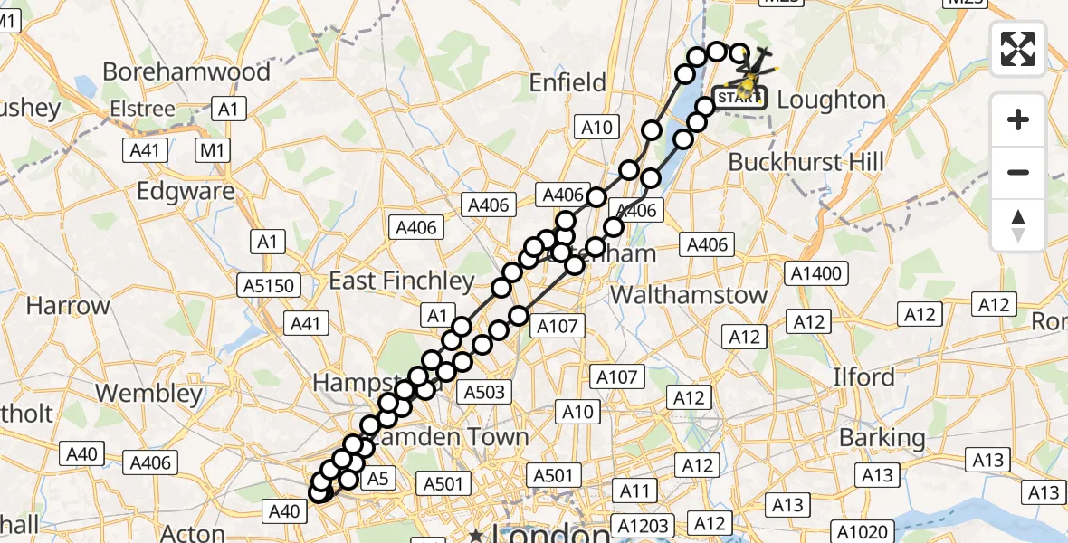 Flight route Police Helicopter Chingford - Sewardstonebury, 27 May 2026, 07:45