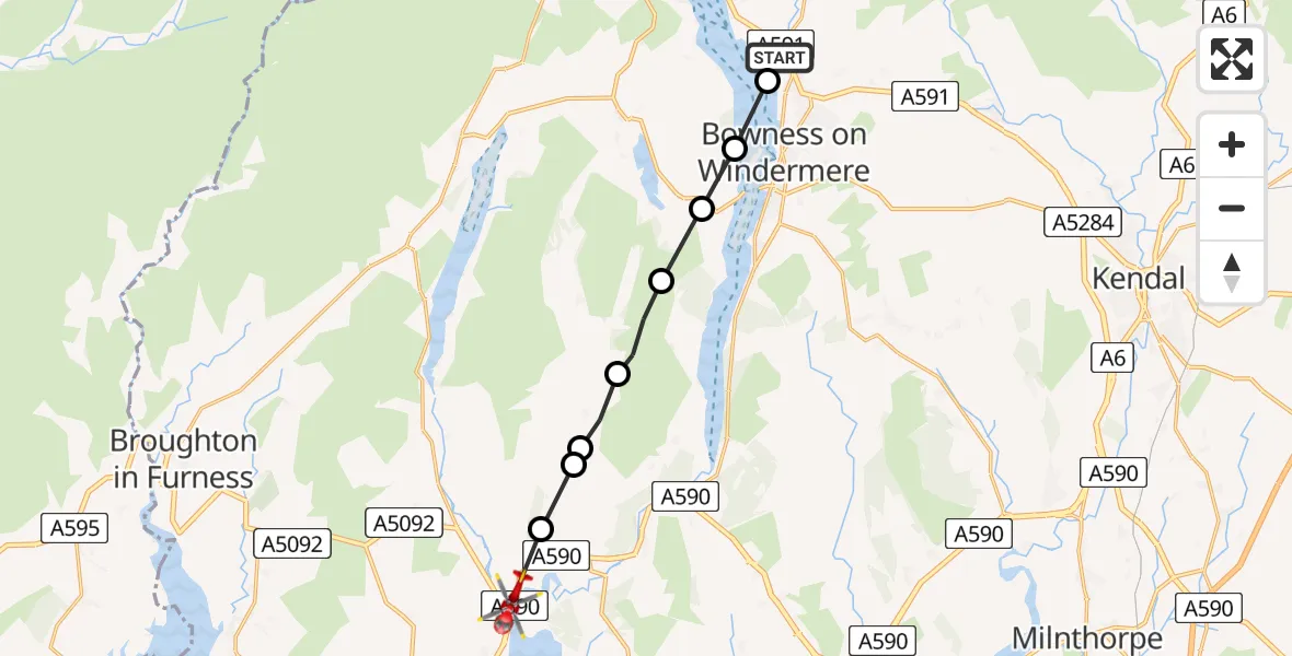 Flight route Air Ambulance Helicopter Troutbeck Bridge - Greenodd, 27 May 2026, 07:56