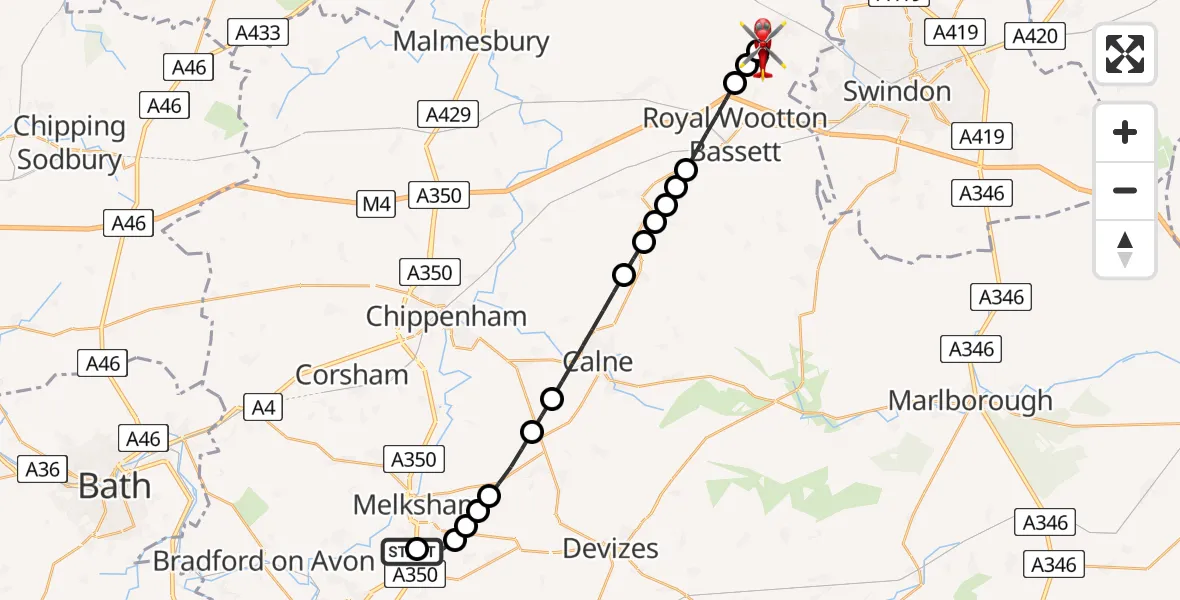 Flight route Air Ambulance Helicopter Wiltshire Air Ambulance - Purton, 27 May 2026, 08:04