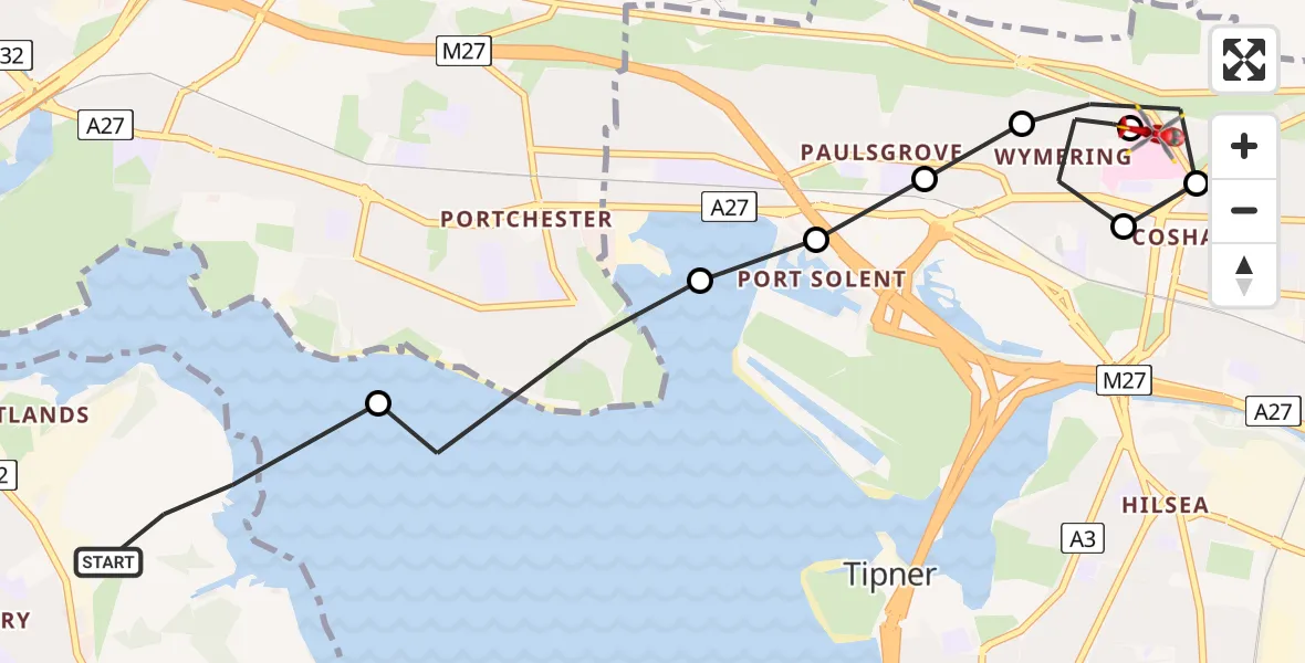 Flight route Air Ambulance Helicopter Gosport - Queen Alexandra Hospital, 27 May 2026, 08:26