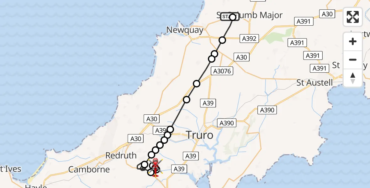 Flight route Air Ambulance Helicopter Cornwall Airport Newquay - Frogpool, 27 May 2026, 08:40