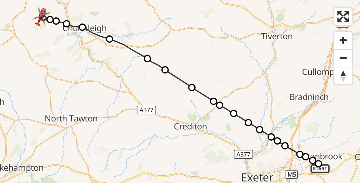 Flight route Air Ambulance Helicopter Exeter International Airport - Burrington, 27 May 2026, 08:52