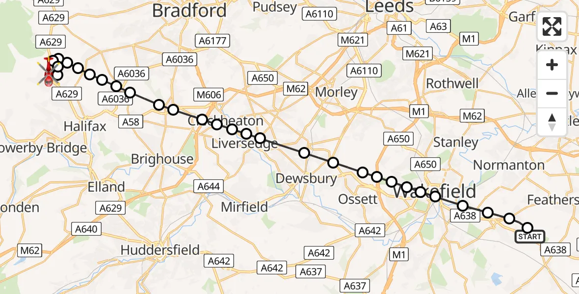 Flight route Air Ambulance Helicopter YAA Nostell Helicopter Port - Illingworth Moor, 27 May 2026, 09:00
