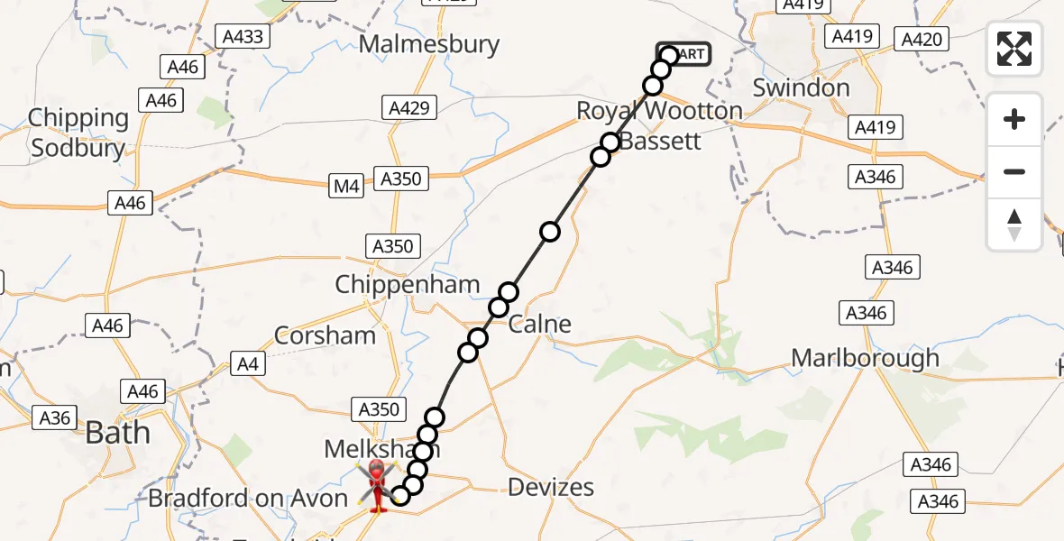 Flight route Air Ambulance Helicopter Purton - Wiltshire Air Ambulance, 27 May 2026, 09:11