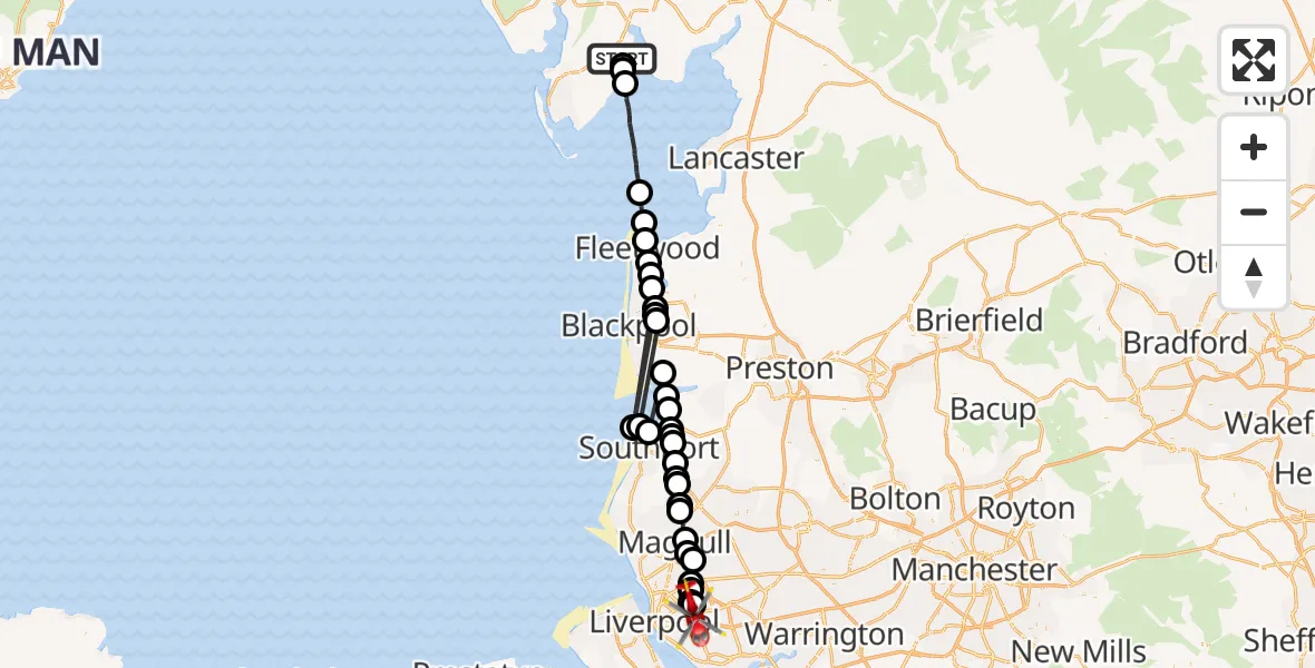 Flight route Air Ambulance Helicopter Ulverston - Knotty Ash, 27 May 2026, 09:13