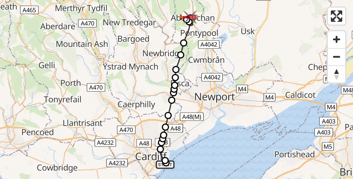 Flight route Air Ambulance Helicopter Cardiff Heliport - Abersychan, 27 May 2026, 09:13