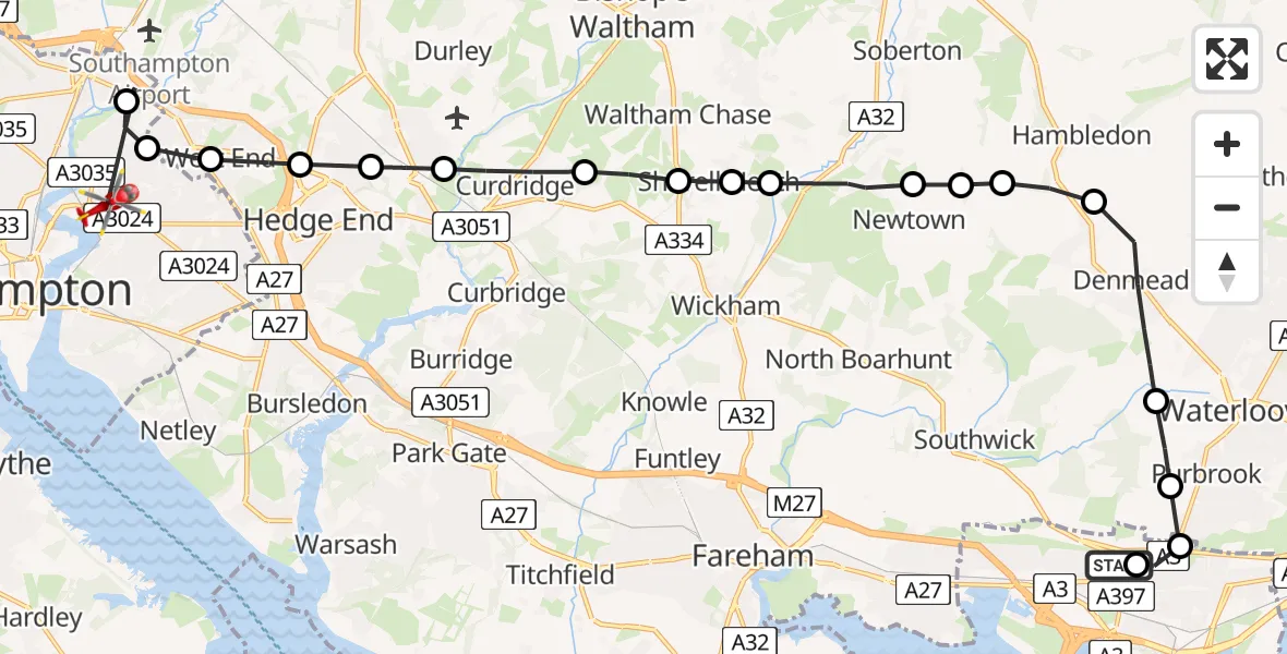 Flight route Air Ambulance Helicopter Queen Alexandra Hospital - Bitterne Park, 27 May 2026, 09:28