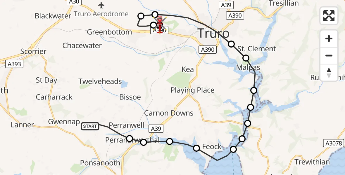 Flight route Air Ambulance Helicopter Frogpool - Treliske Hospital, 27 May 2026, 09:28