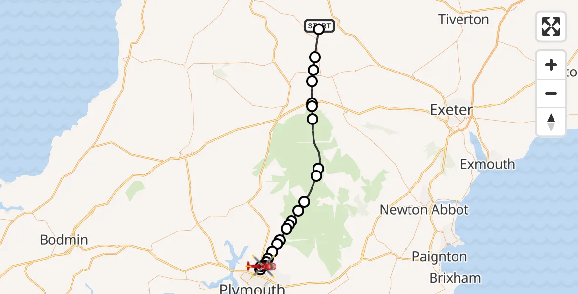 Flight route Air Ambulance Helicopter Ashreigney - Derriford Hospital, 27 May 2026, 09:31