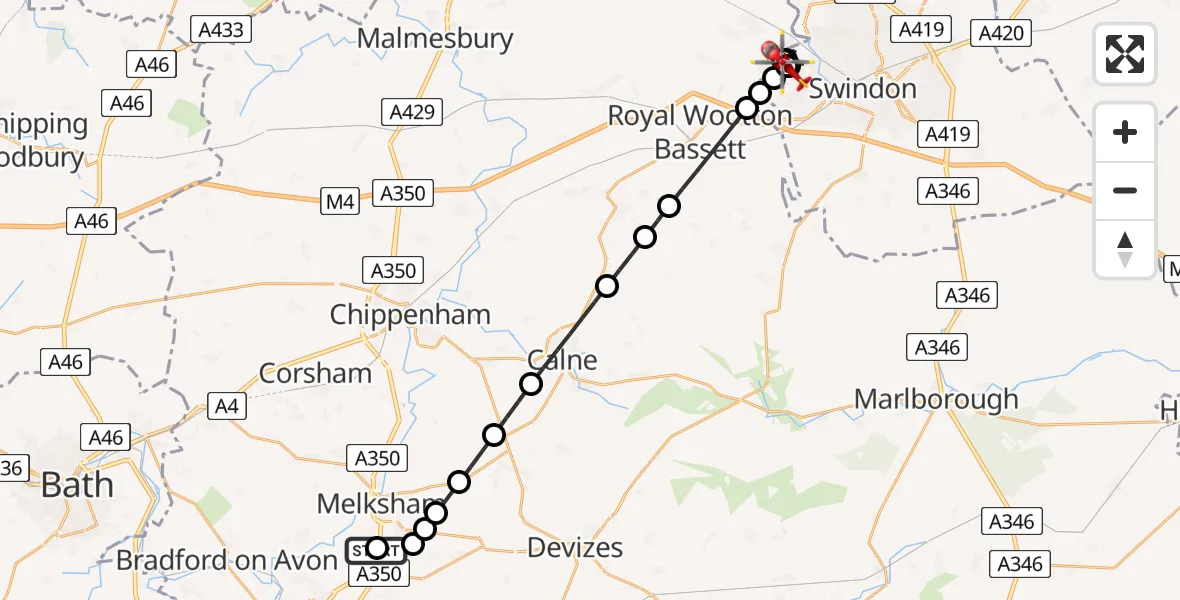 Flight route Air Ambulance Helicopter Wiltshire Air Ambulance - Middleleaze, 27 May 2026, 09:52
