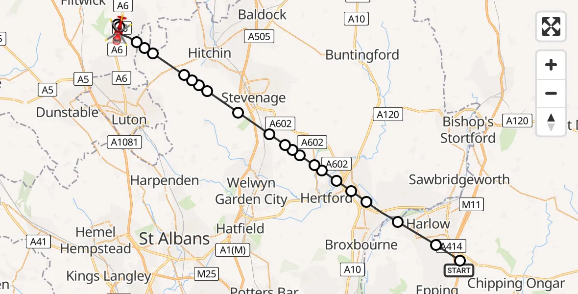 Flight route Air Ambulance Helicopter North Weald Airfield - Barton-le-Clay, 27 May 2026, 10:00