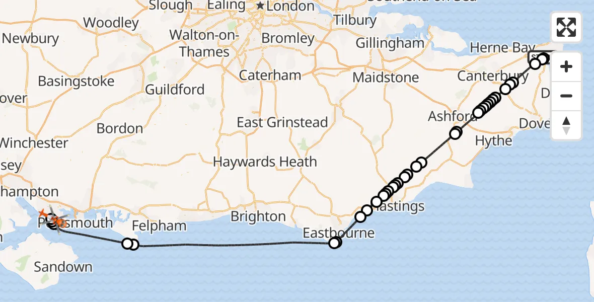 Flight route Coastguard Helicopter Manston Airport - Solent Airport, 27 May 2026, 10:06