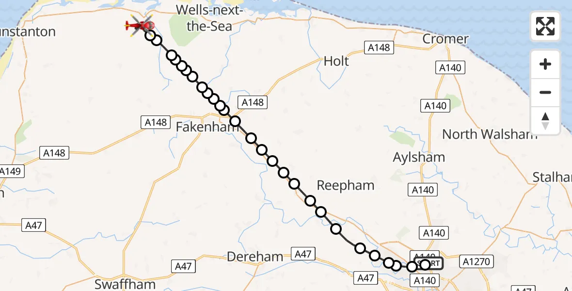 Flight route Air Ambulance Helicopter Norwich Airport - Burnham Market, 27 May 2026, 10:09