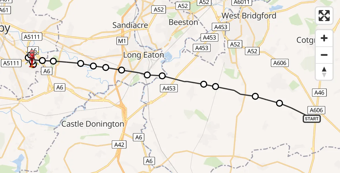 Flight route Air Ambulance Helicopter Widmerpool - Alvaston, 27 May 2026, 10:15