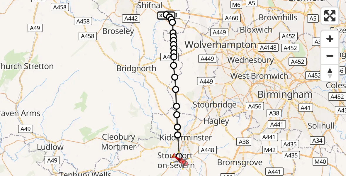 Flight route Air Ambulance Helicopter RAF Cosford - Stourport-on-Severn, 27 May 2026, 10:19
