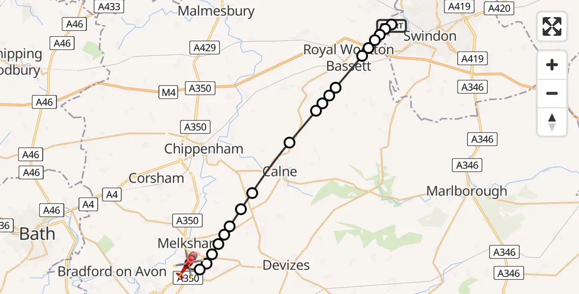 Flight route Air Ambulance Helicopter West Swindon - Melksham, 27 May 2026, 10:19