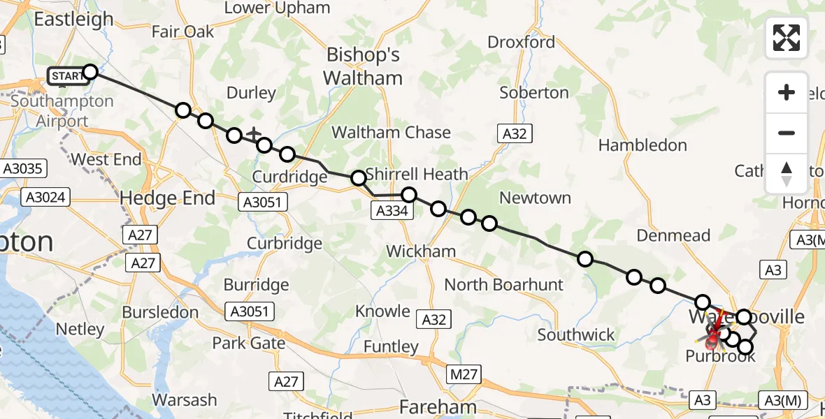 Flight route Air Ambulance Helicopter Southampton Airport - Winchester, 27 May 2026, 10:22