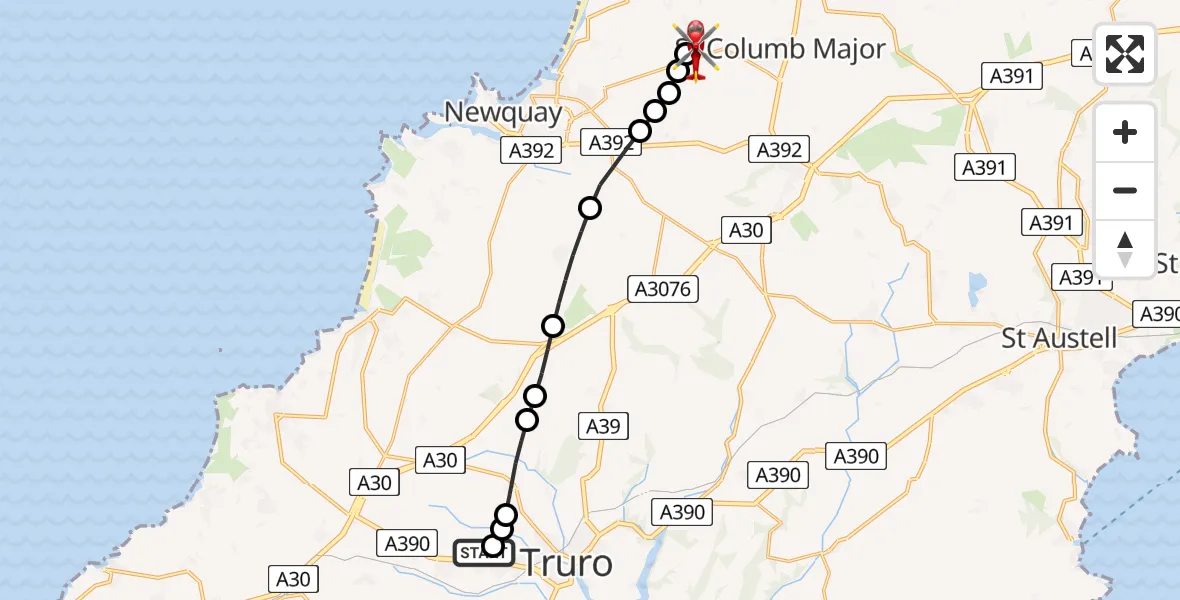 Flight route Air Ambulance Helicopter Treliske Hospital - Cornwall Airport Newquay, 27 May 2026, 10:29