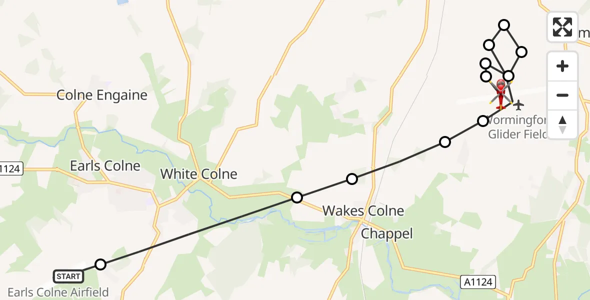 Flight route Air Ambulance Helicopter Earls Colne Airfield - Wormingford Glider Field, 27 May 2026, 10:32