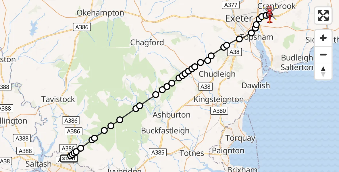Flight route Air Ambulance Helicopter Plymouth City Airport - Exeter International Airport, 27 May 2026, 10:35