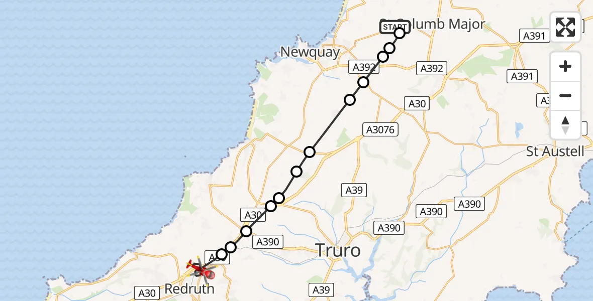 Flight route Air Ambulance Helicopter Cornwall Airport Newquay - Redruth, 27 May 2026, 10:41