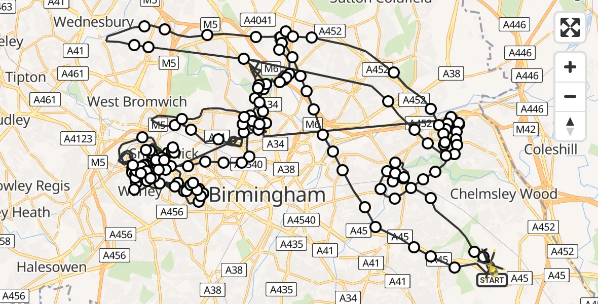 Flight route Police Helicopter Birmingham Airport - Birmingham Airport, 27 May 2026, 10:44