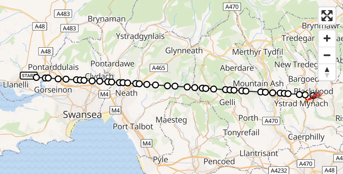 Flight route Air Ambulance Helicopter Dafen - Pontllanfraith, 27 May 2026, 10:53