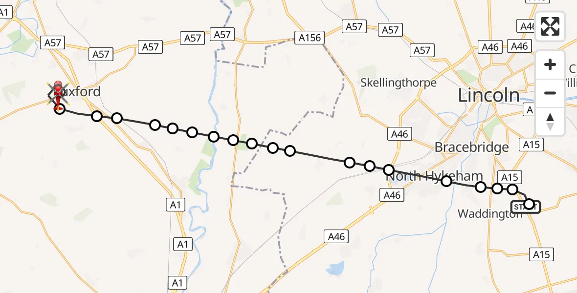 Flight route Air Ambulance Helicopter RAF Waddington - Tuxford, 27 May 2026, 10:57