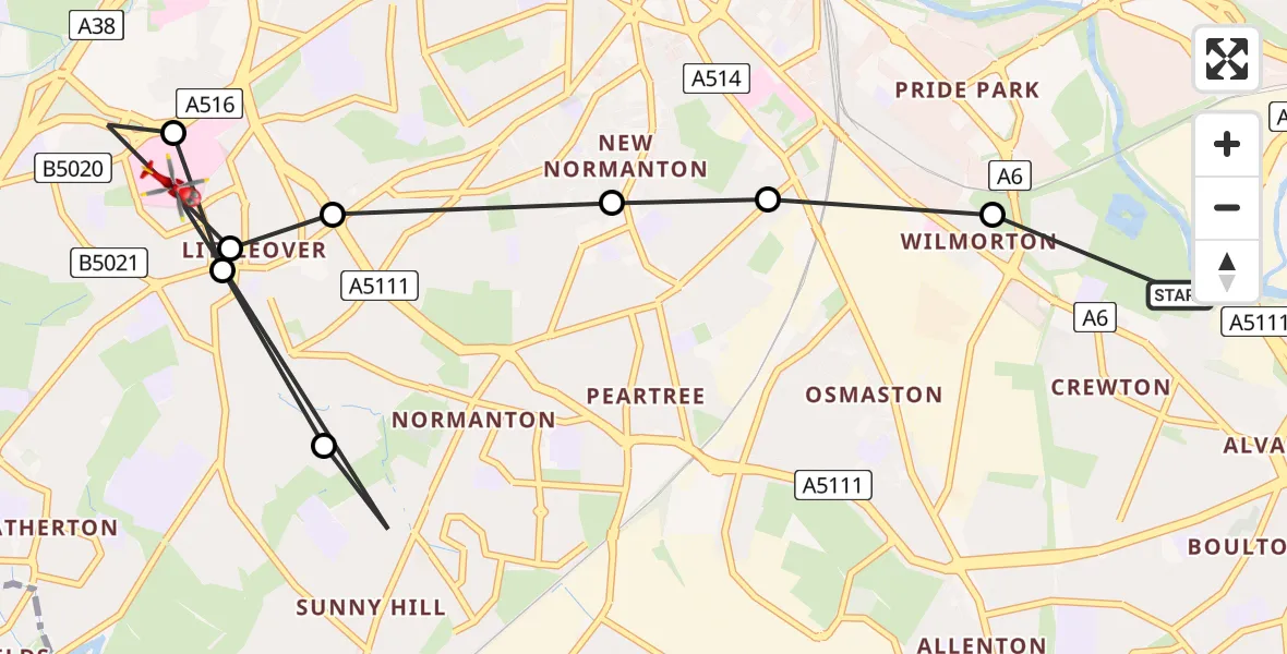 Flight route Air Ambulance Helicopter Crewton - Royal Derby Trauma Unit, 27 May 2026, 10:59