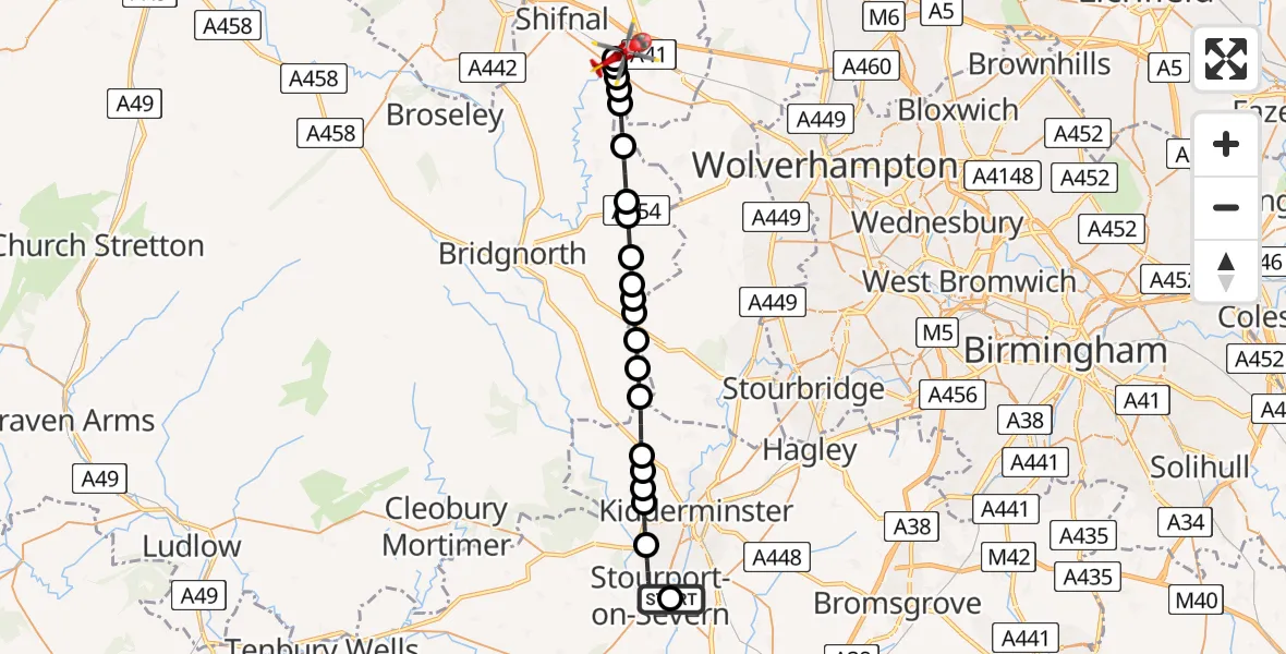 Flight route Air Ambulance Helicopter Stourport-on-Severn - Tong, 27 May 2026, 11:00