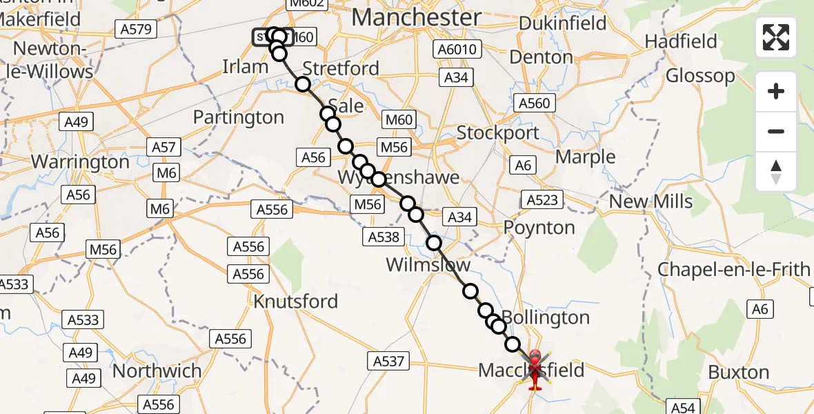 Flight route Air Ambulance Helicopter Manchester Barton Aerodrome - Macclesfield, 27 May 2026, 11:04
