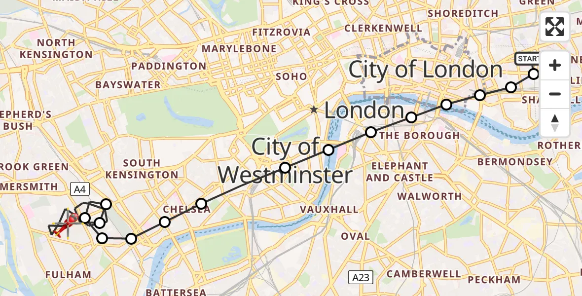 Flight route Air Ambulance Helicopter Royal London Hospital - West Kensington, 27 May 2026, 11:06