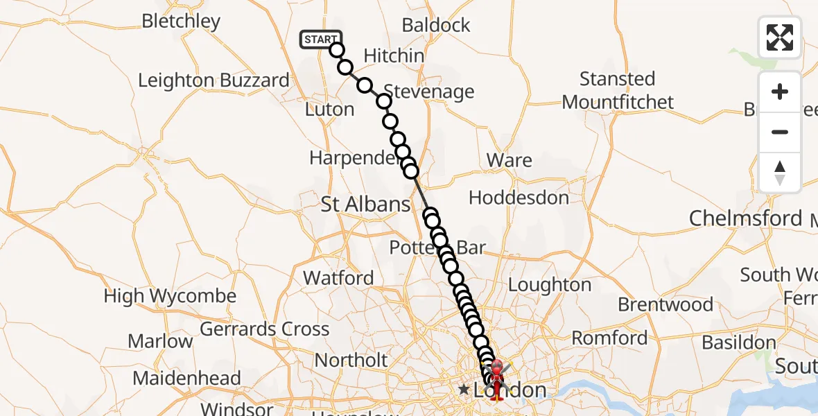 Flight route Air Ambulance Helicopter Barton-le-Clay - Royal London Hospital, 27 May 2026, 11:13