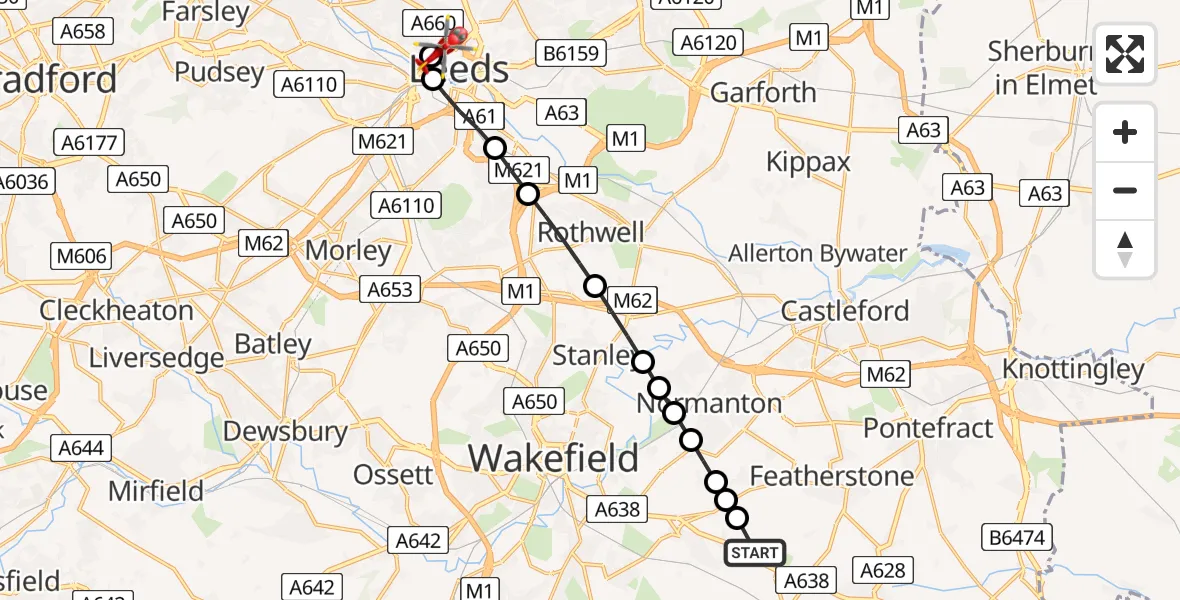 Flight route Air Ambulance Helicopter YAA Nostell Helicopter Port - Woodhouse, 27 May 2026, 11:17