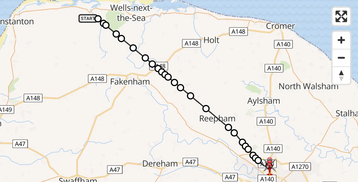 Flight route Air Ambulance Helicopter Burnham Market - Norwich Airport, 27 May 2026, 11:23