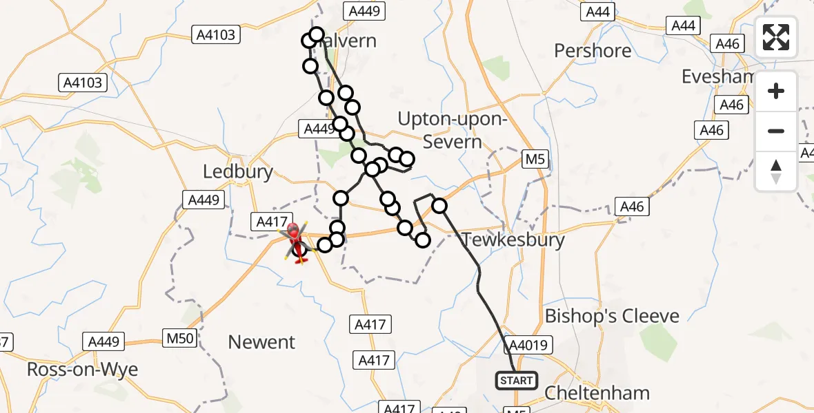 Flight route Air Ambulance Helicopter Tewkesbury - Forest of Dean, 27 May 2026, 11:24