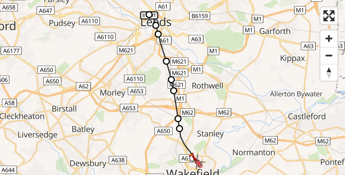 Flight route Air Ambulance Helicopter Woodhouse - Newton Hill, 27 May 2026, 11:26