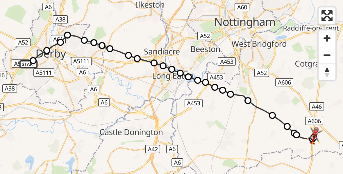 Flight route Air Ambulance Helicopter Royal Derby Trauma Unit - Nottingham Heliport, 27 May 2026, 11:31