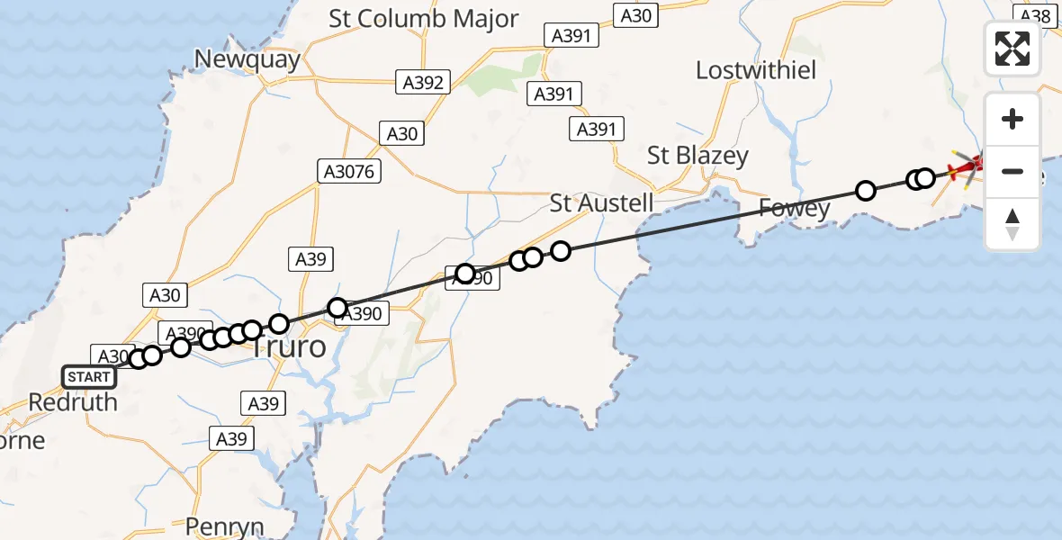 Flight route Air Ambulance Helicopter Redruth - Talland, 27 May 2026, 11:34
