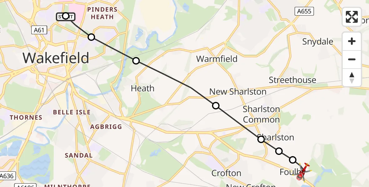Flight route Air Ambulance Helicopter Newton Hill - YAA Nostell Helicopter Port, 27 May 2026, 11:39