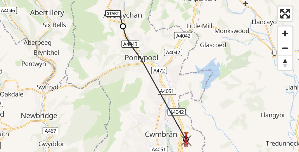 Flight route Air Ambulance Helicopter Abersychan - Grange University Hospital Heliport, 27 May 2026, 11:44