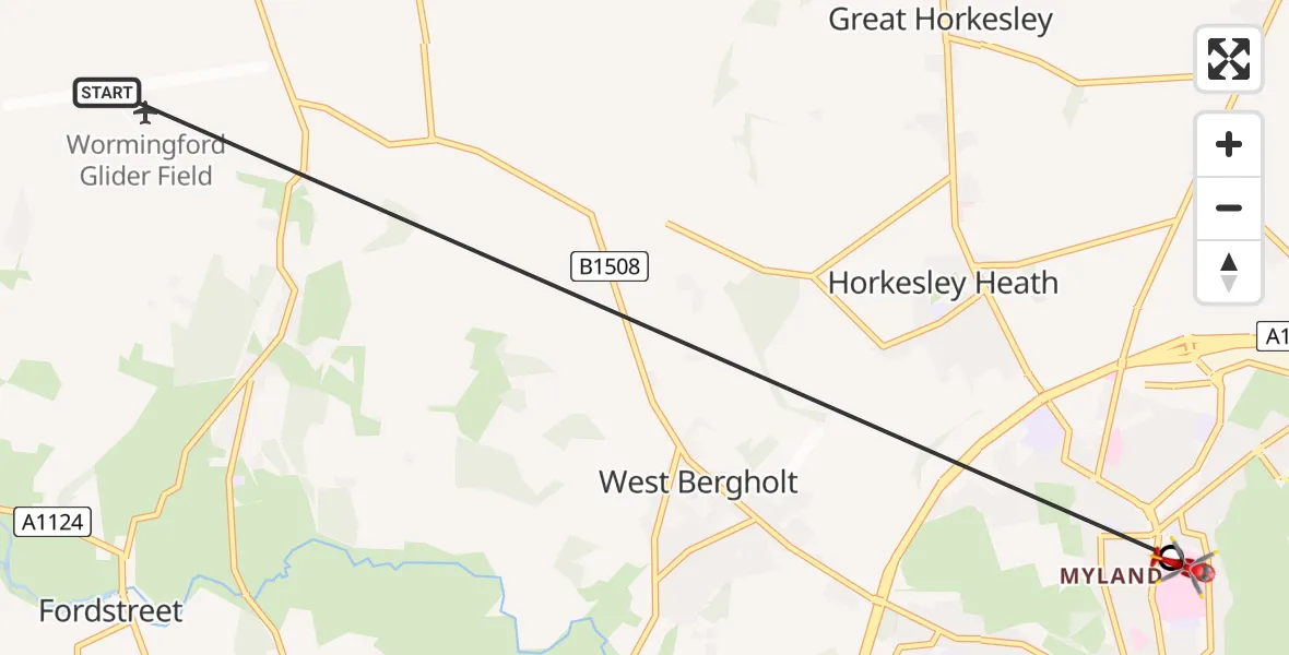 Flight route Air Ambulance Helicopter Wormingford Glider Field - Colchester Hospital, 27 May 2026, 11:46