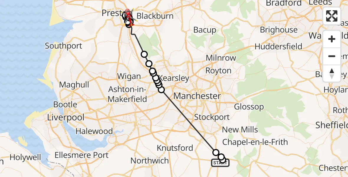 Flight route Air Ambulance Helicopter Macclesfield - Coupe Green, 27 May 2026, 11:51
