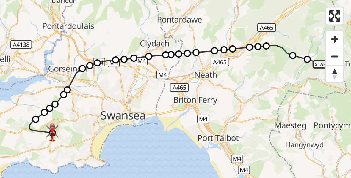 Flight route Air Ambulance Helicopter Cymer and Glyncorrwg - Swansea Airport, 27 May 2026, 12:03